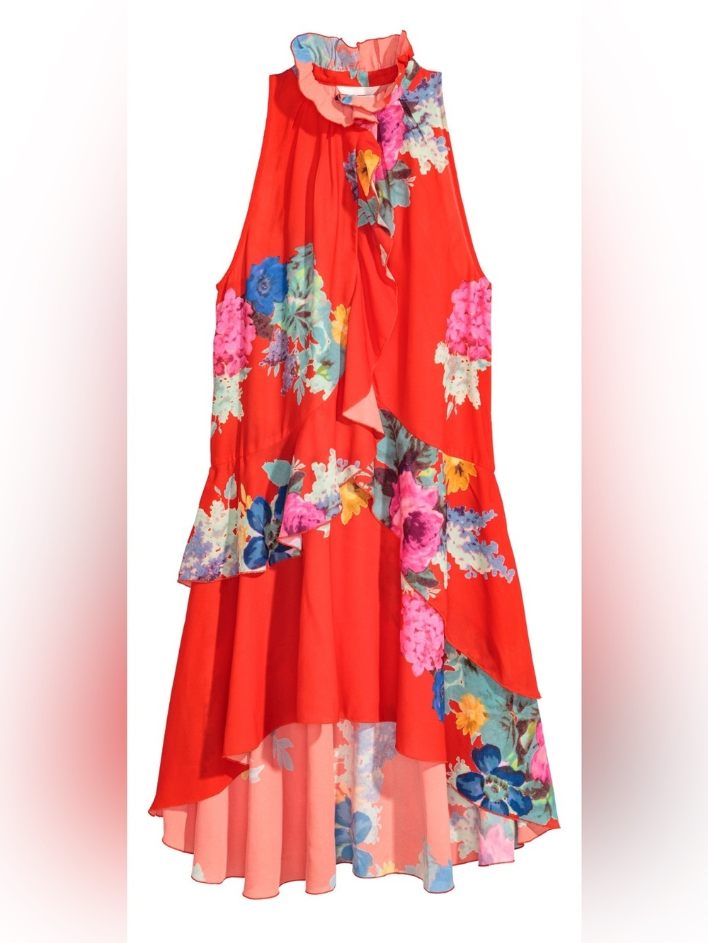 Red Floral Ruffle High Neck Summer Flowy Beach Sleeveless Dress Women's Size 4
